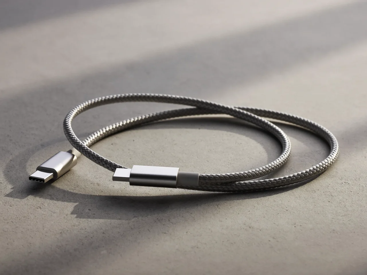 Kabel USB-C w oplocie zwinięty w luźną pętlę na jasnym betonie