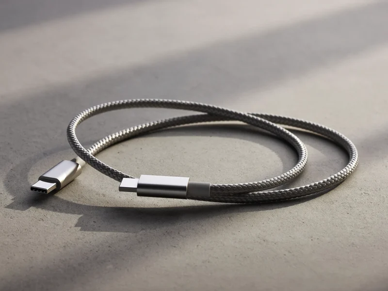 Kabel USB-C w oplocie zwinięty w luźną pętlę na jasnym betonie